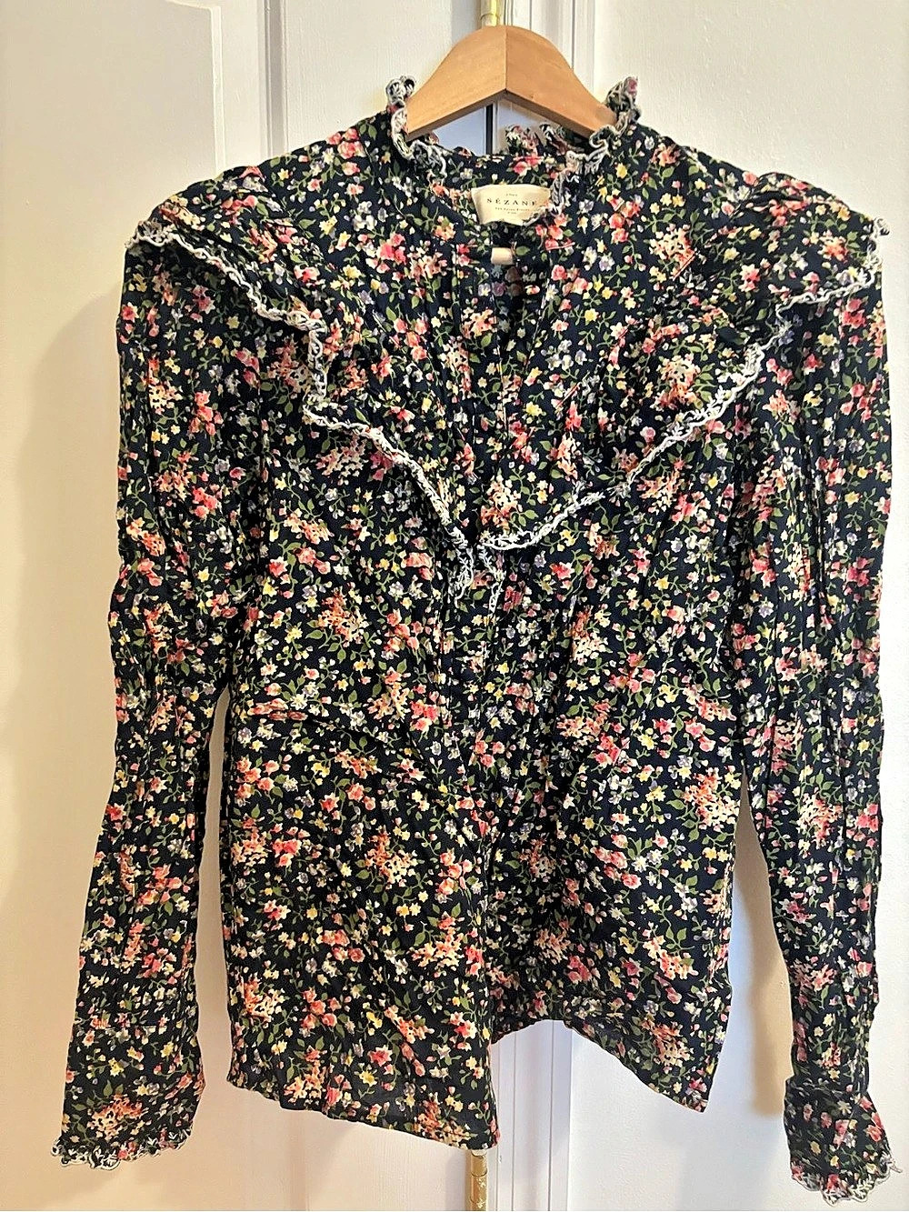 Sézane Floral Ruffle Blouse Black & Multicolor Size 34